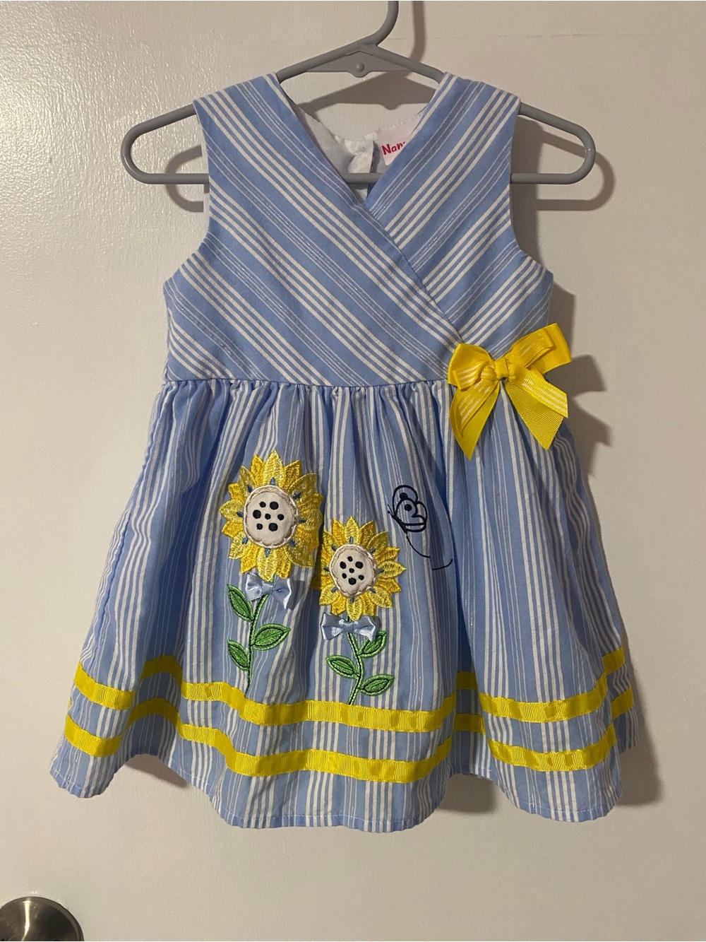 Nannette Kids Blue and White Striped Sunflower Dress with Yellow Bow